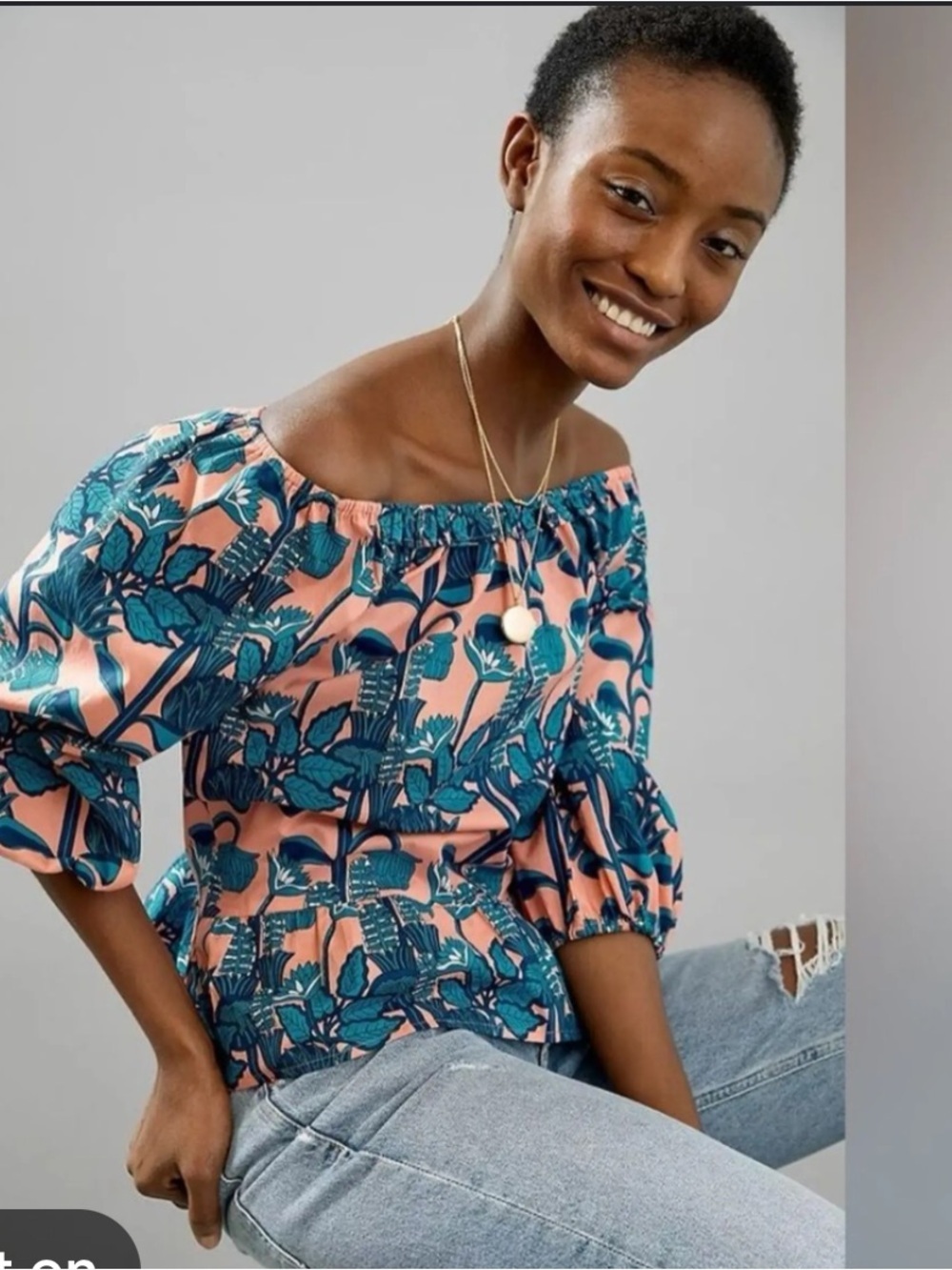 Anthropologie Blue Tassel Tropical Floral Coral Blue Off Shoulder Ruffle Top XL